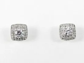 Elegant Dainty Double Square Shape Stud CZ Silver Earrings