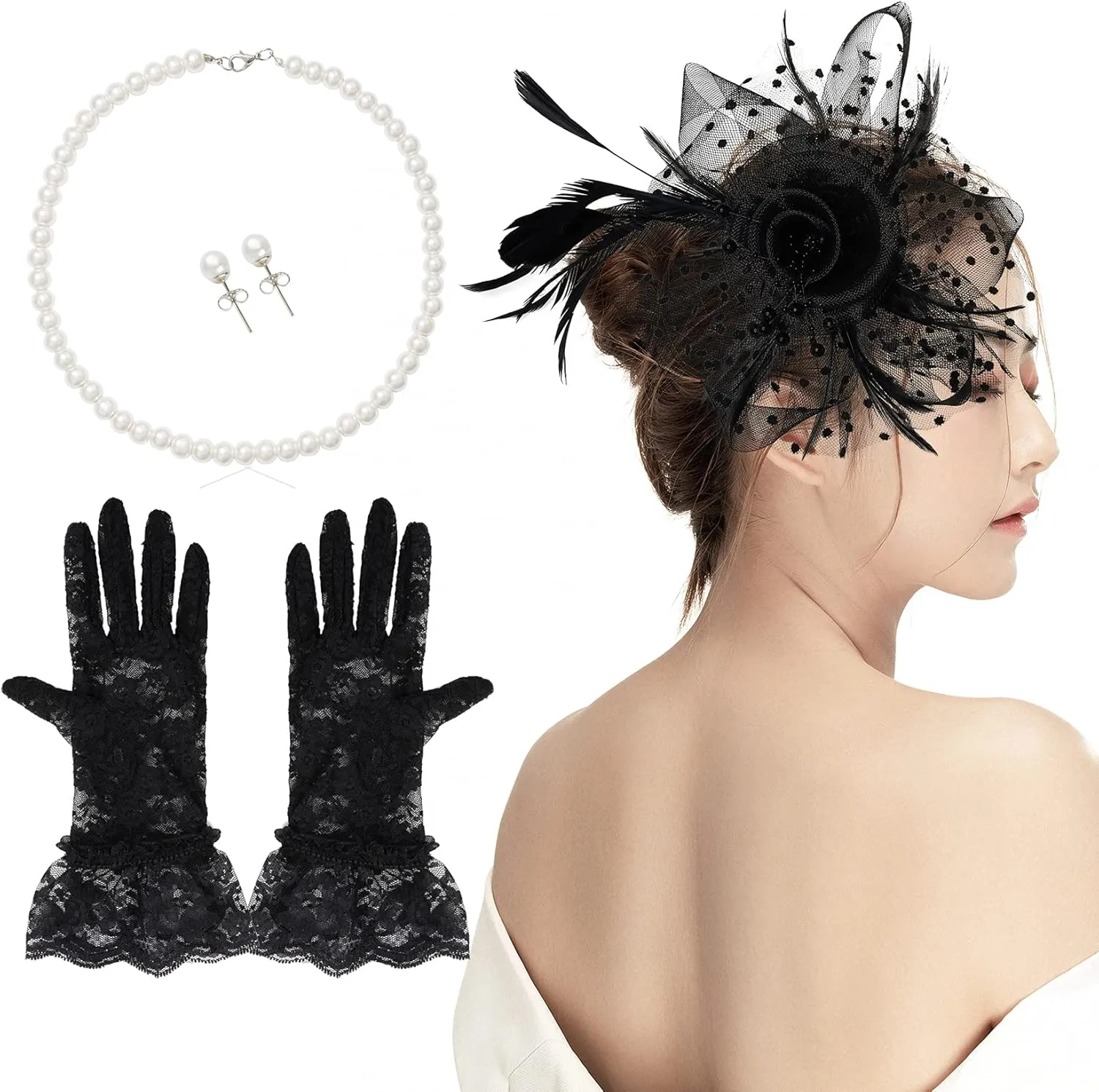 Fascinators Hat for Women Tea Party Pillbox Hat Set Mesh Veil 20s 50s Headwear Lace Gloves Pearl Necklace Earrings