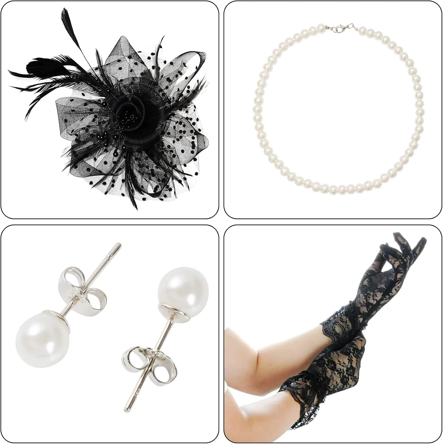 Fascinators Hat for Women Tea Party Pillbox Hat Set Mesh Veil 20s 50s Headwear Lace Gloves Pearl Necklace Earrings