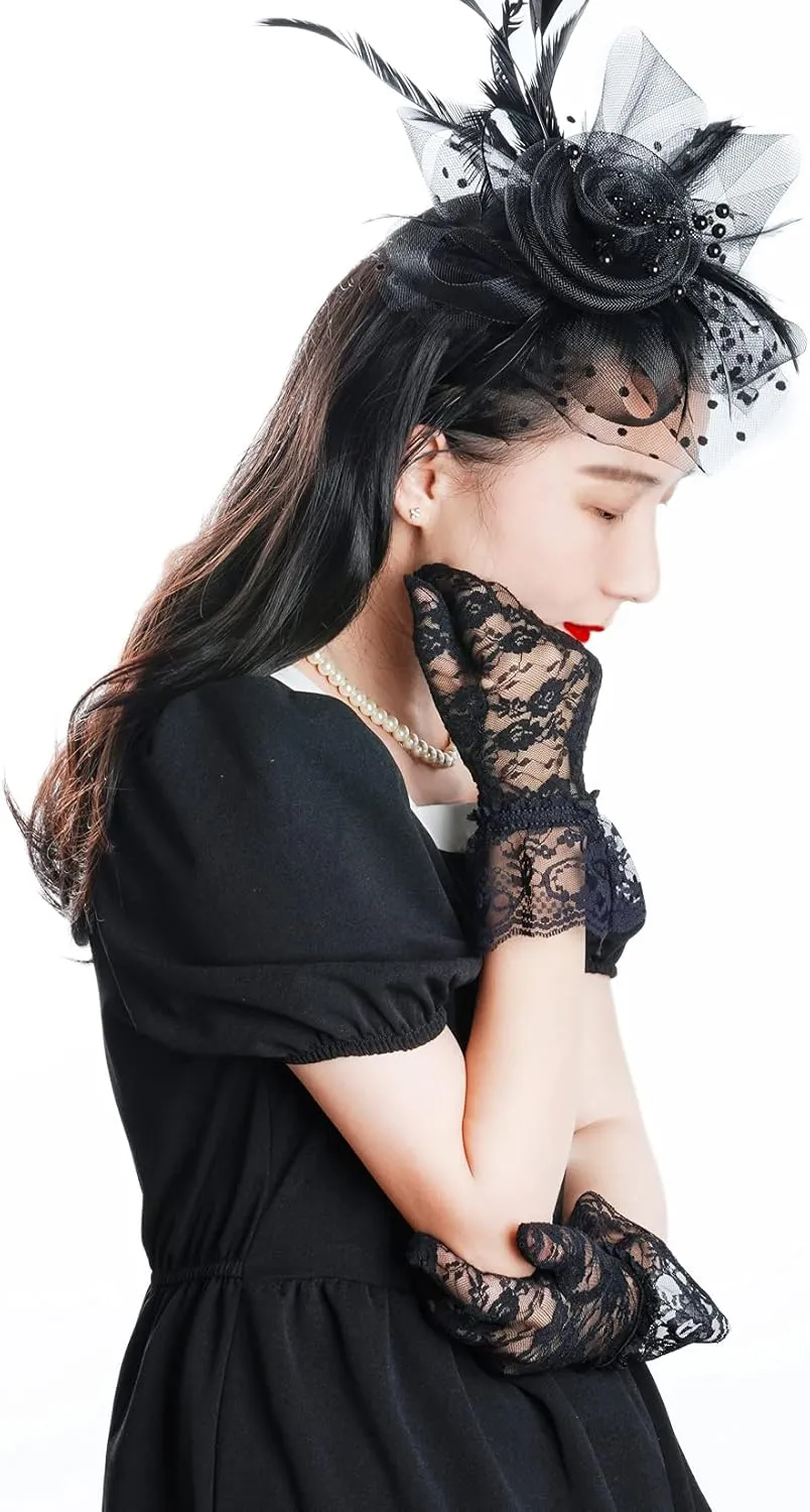 Fascinators Hat for Women Tea Party Pillbox Hat Set Mesh Veil 20s 50s Headwear Lace Gloves Pearl Necklace Earrings
