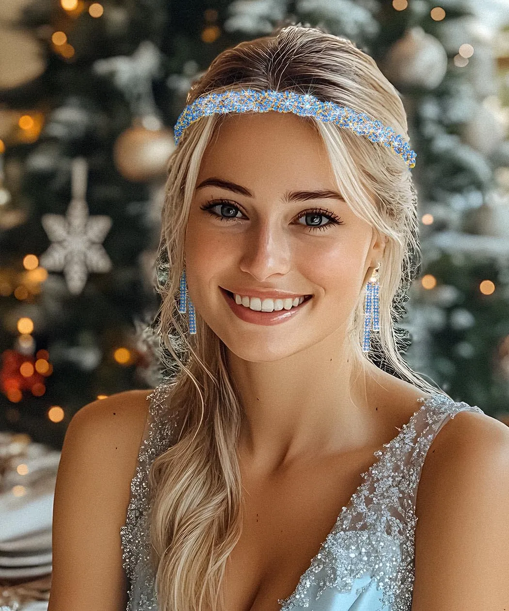 Fstrend Braided Rhinestones Elastic Headband Tassel Earrings Set Gold Crystal Hairbands Eardrop Sparkle Head Chain for Women (Blue)