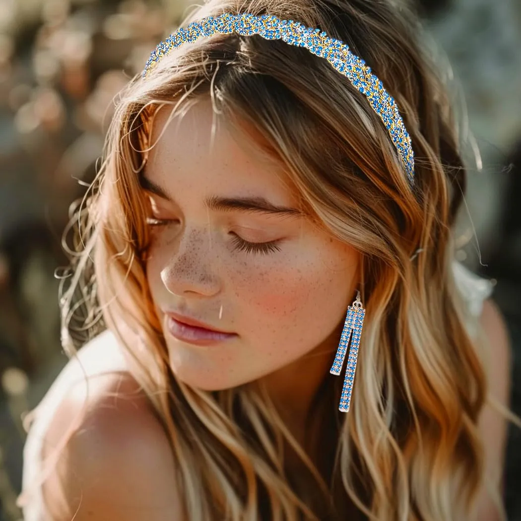Fstrend Braided Rhinestones Elastic Headband Tassel Earrings Set Gold Crystal Hairbands Eardrop Sparkle Head Chain for Women (Blue)