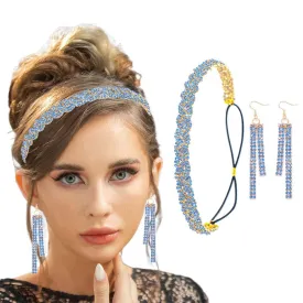 Fstrend Braided Rhinestones Elastic Headband Tassel Earrings Set Gold Crystal Hairbands Eardrop Sparkle Head Chain for Women (Blue)
