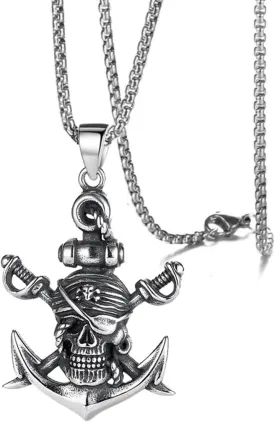 Gothic Pirate Skull Pendant Necklace With Skull Head, Ship Anchor, Double Sword - Stainless Steel For Men & Women