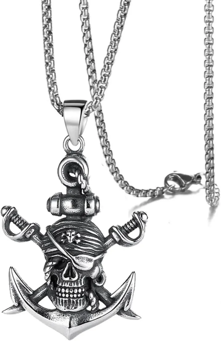 Gothic Pirate Skull Pendant Necklace With Skull Head, Ship Anchor, Double Sword - Stainless Steel For Men & Women