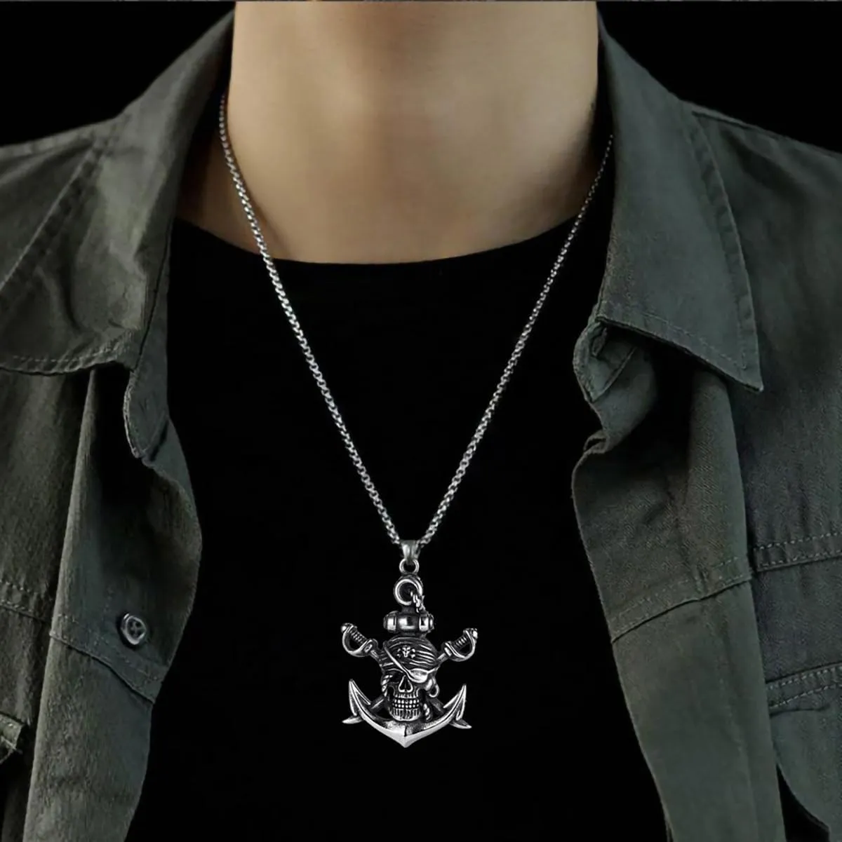 Gothic Pirate Skull Pendant Necklace With Skull Head, Ship Anchor, Double Sword - Stainless Steel For Men & Women
