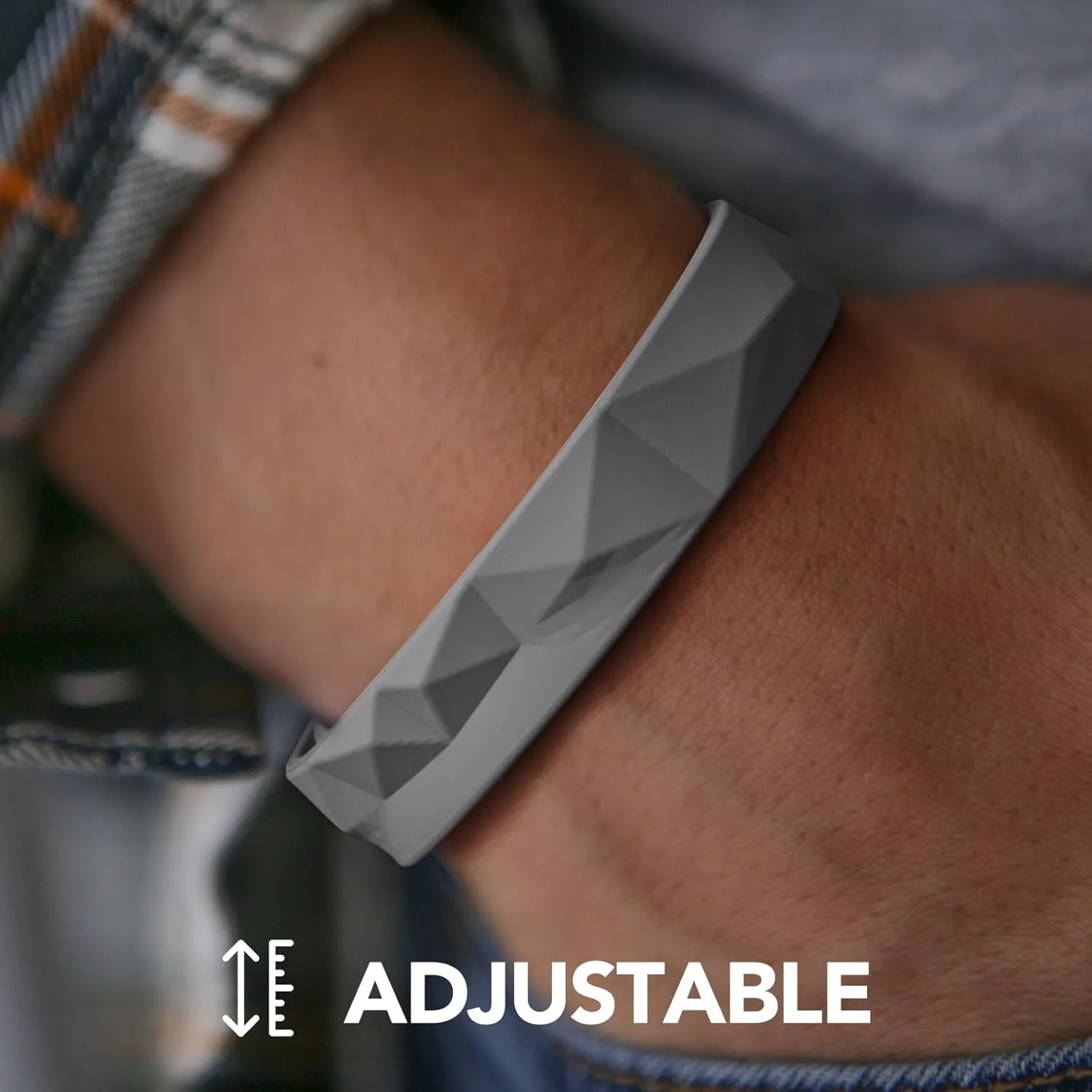 King Will Adjustable Silicone Bracelet for Men 10" Breathable Rubber Wristband Designed with Lighting/Squares, Black/Grey