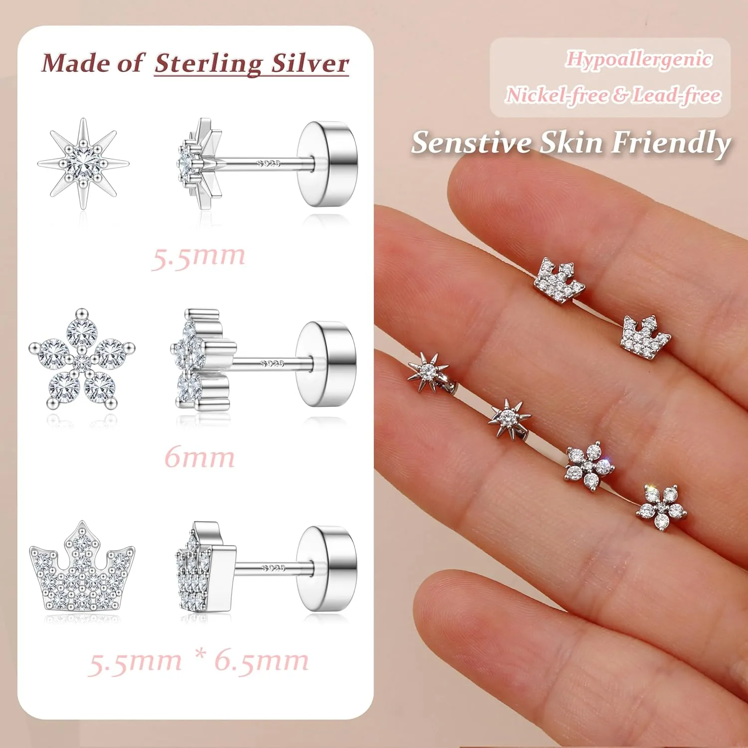 KRFY Flat Back Stud Earrings for Women - Hypoallergenic 925 Sterling Silver Post Cartilage Earring 14K Gold Plated Dainty Tiny Cubic Zirconia Earrings Helix Piercing Jewelry Stud Earrings for Women