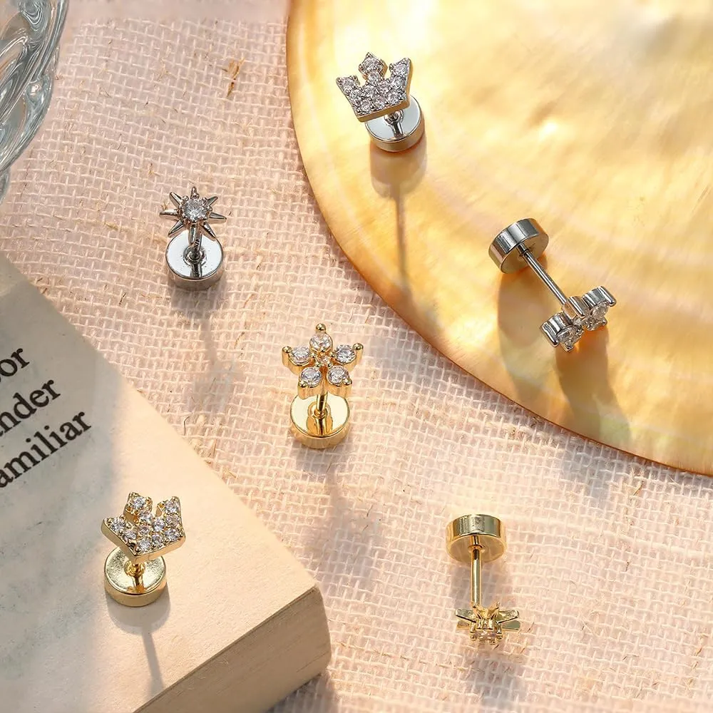 KRFY Flat Back Stud Earrings for Women - Hypoallergenic 925 Sterling Silver Post Cartilage Earring 14K Gold Plated Dainty Tiny Cubic Zirconia Earrings Helix Piercing Jewelry Stud Earrings for Women