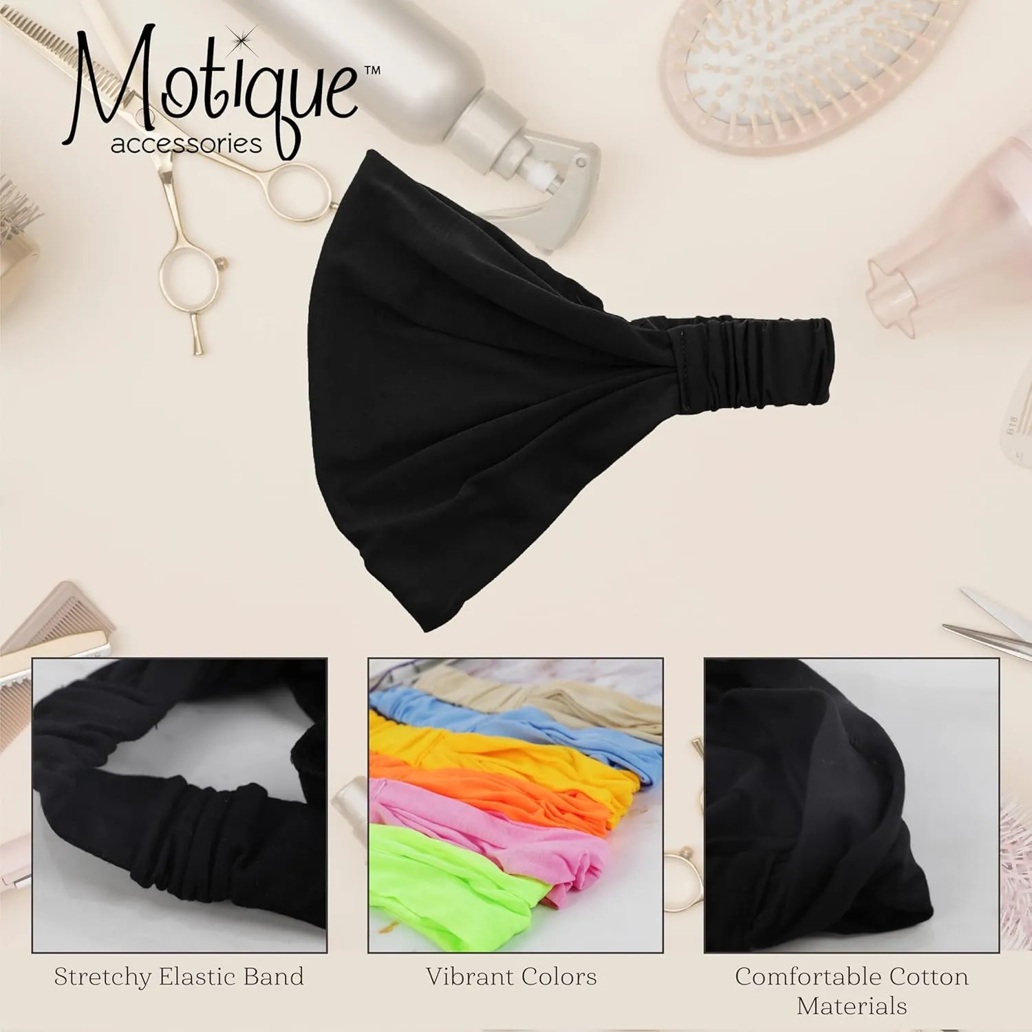 Motique Accessories Wide Cotton Head Band Solid Boho Yoga Style Soft Hairband (Cream)