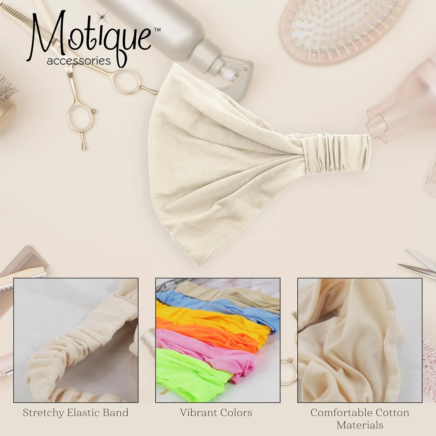 Motique Accessories Wide Cotton Head Band Solid Boho Yoga Style Soft Hairband (Cream)