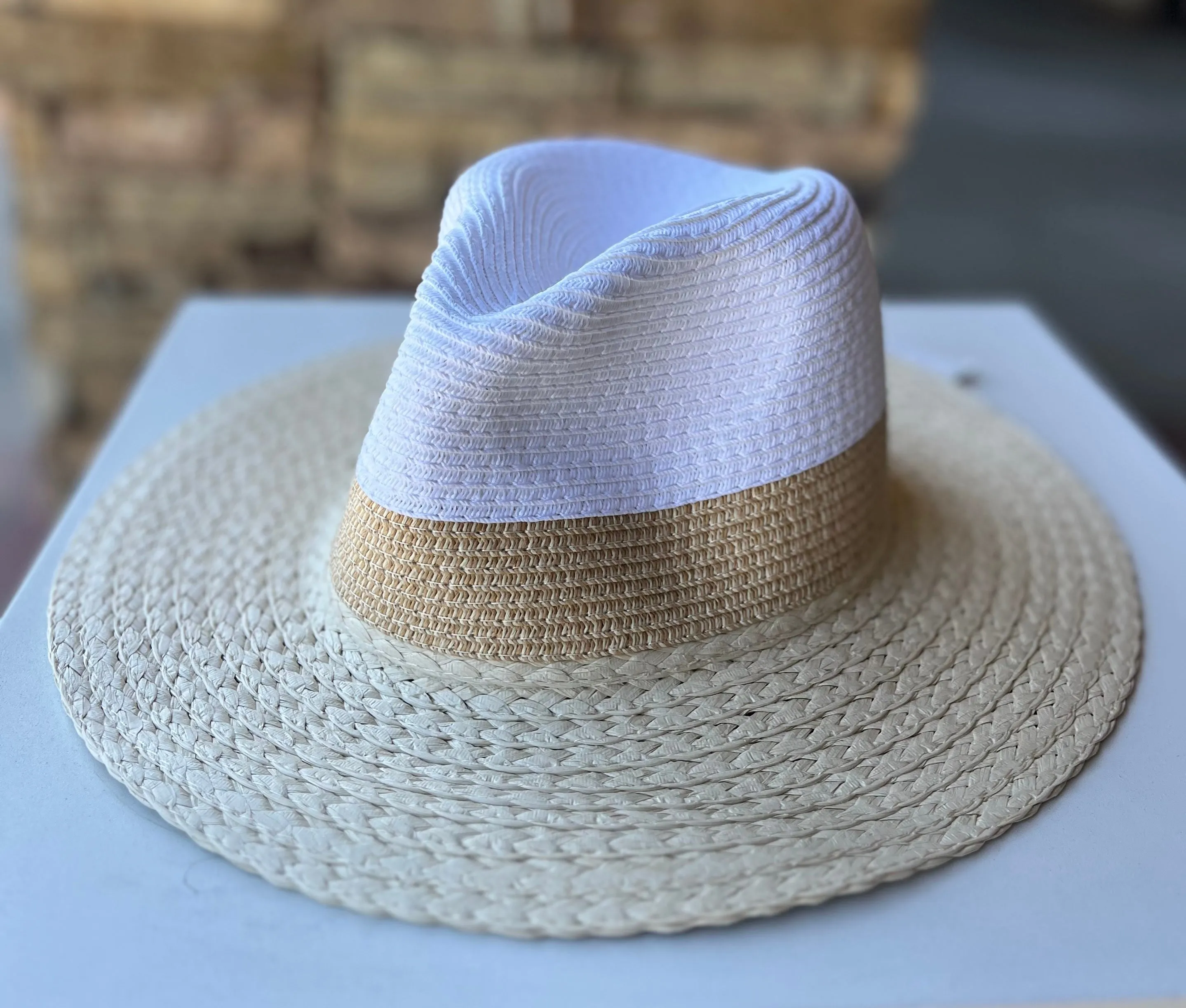 Natural & White Sun Hat w/Tan Band and Adjustable Fit