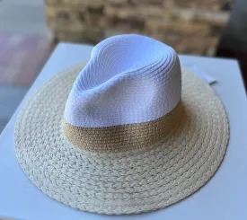 Natural & White Sun Hat w/Tan Band and Adjustable Fit