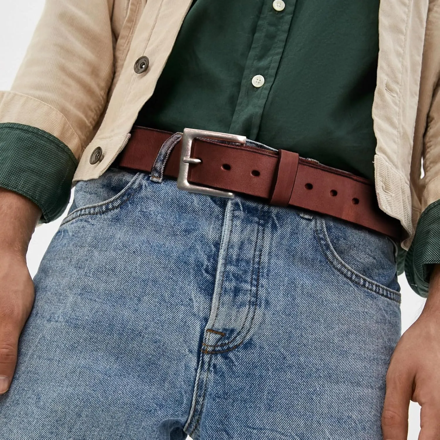 NPET Mens Leather Belt Full Grain Vintage Distressed Style Snap on Strap 1 1/2" Wide with Buckle