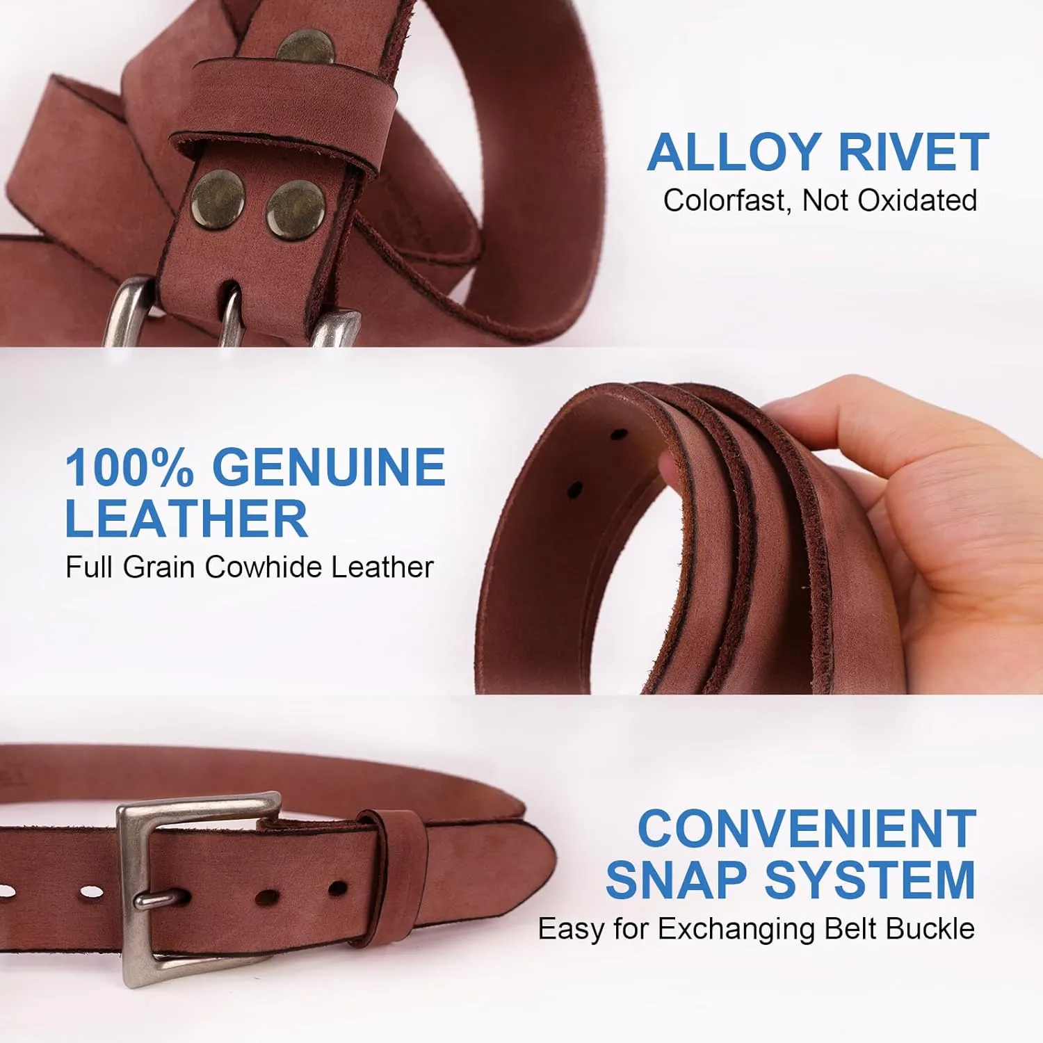 NPET Mens Leather Belt Full Grain Vintage Distressed Style Snap on Strap 1 1/2" Wide with Buckle