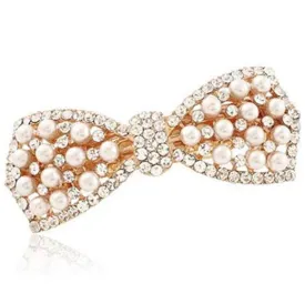 Pearl Bow Hairpin Set With Drill Water Drill Cross Pin Headdress Ponytail Clip for Womens(Golden)