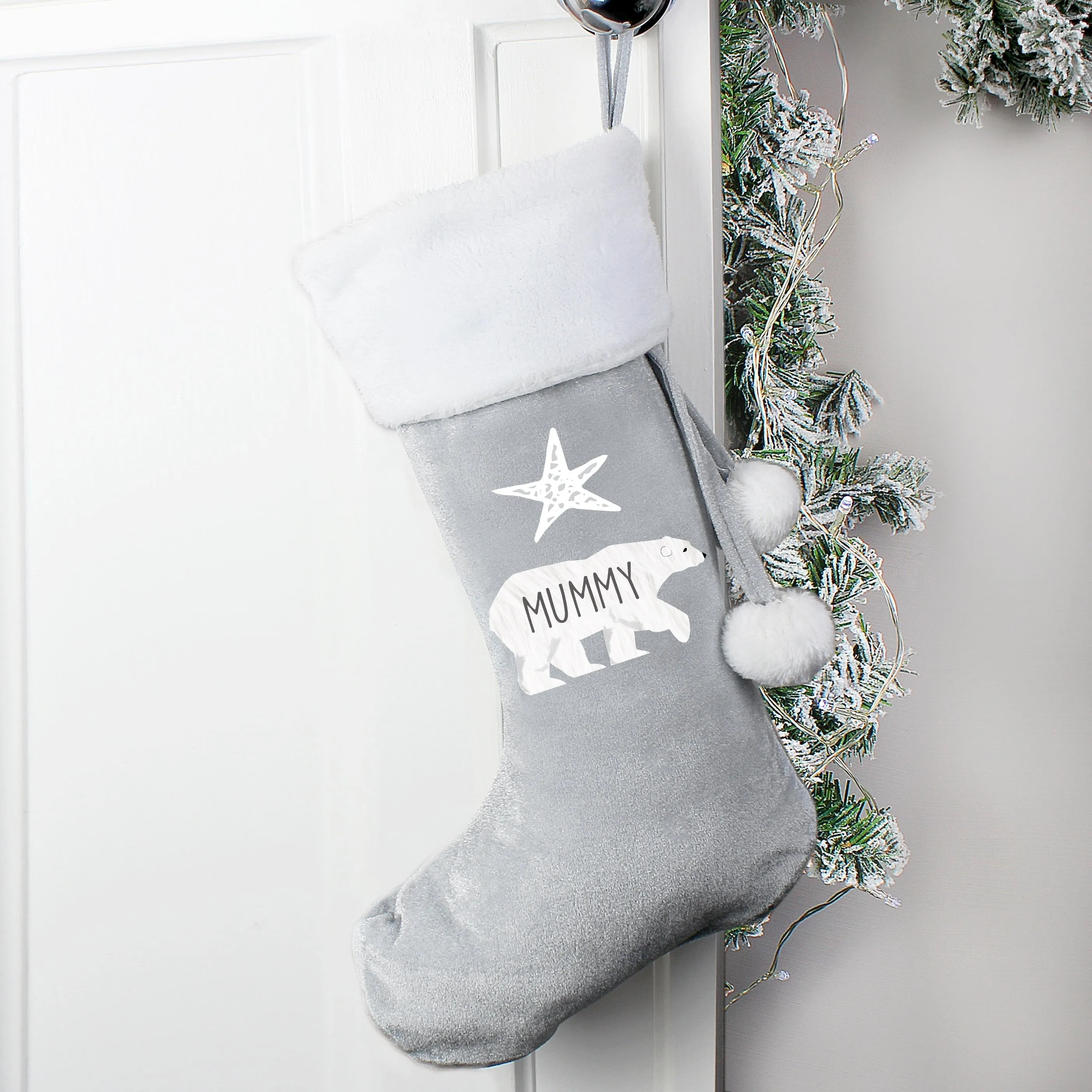 Personalised Polar Bear Luxury Silver Grey Stocking