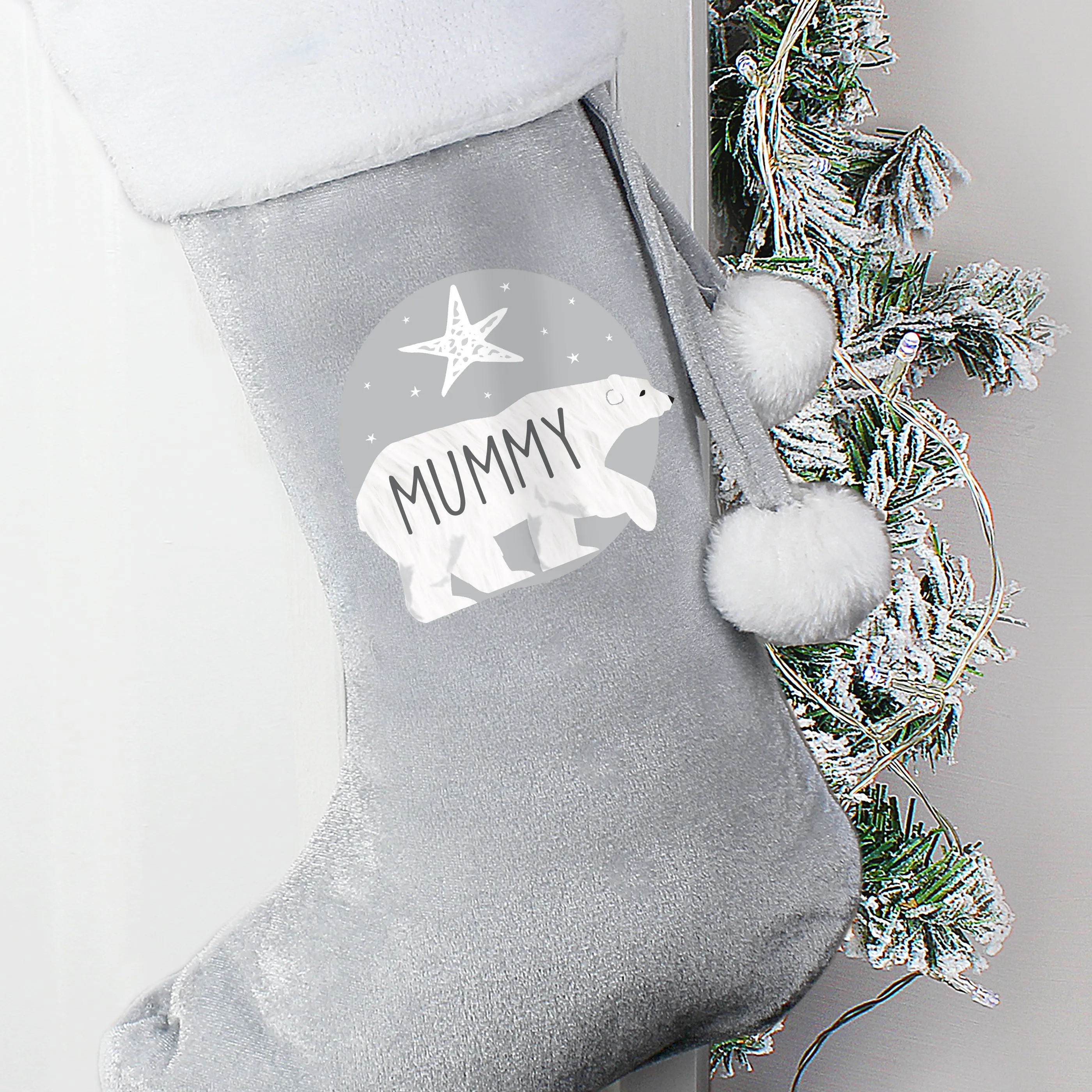 Personalised Polar Bear Luxury Silver Grey Stocking