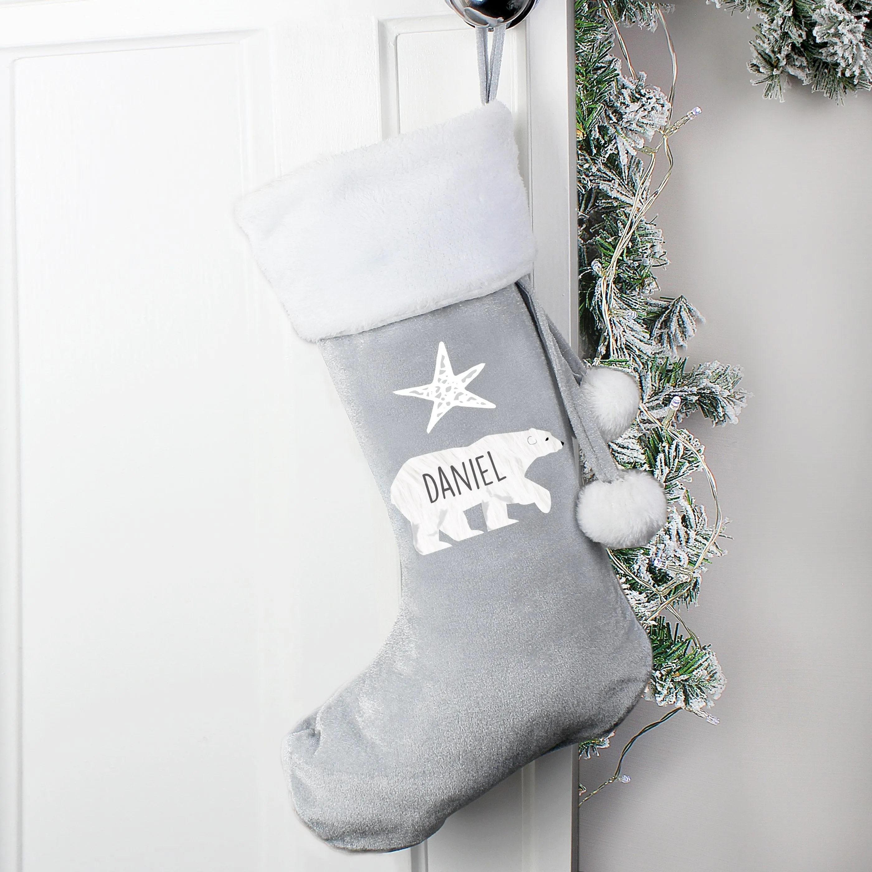 Personalised Polar Bear Luxury Silver Grey Stocking