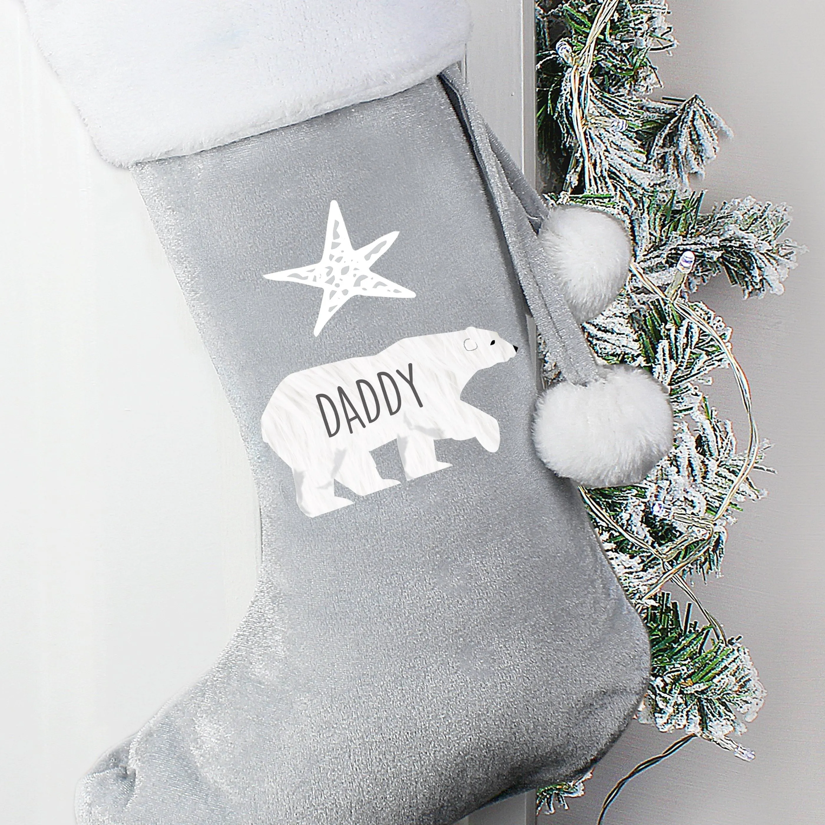 Personalised Polar Bear Luxury Silver Grey Stocking