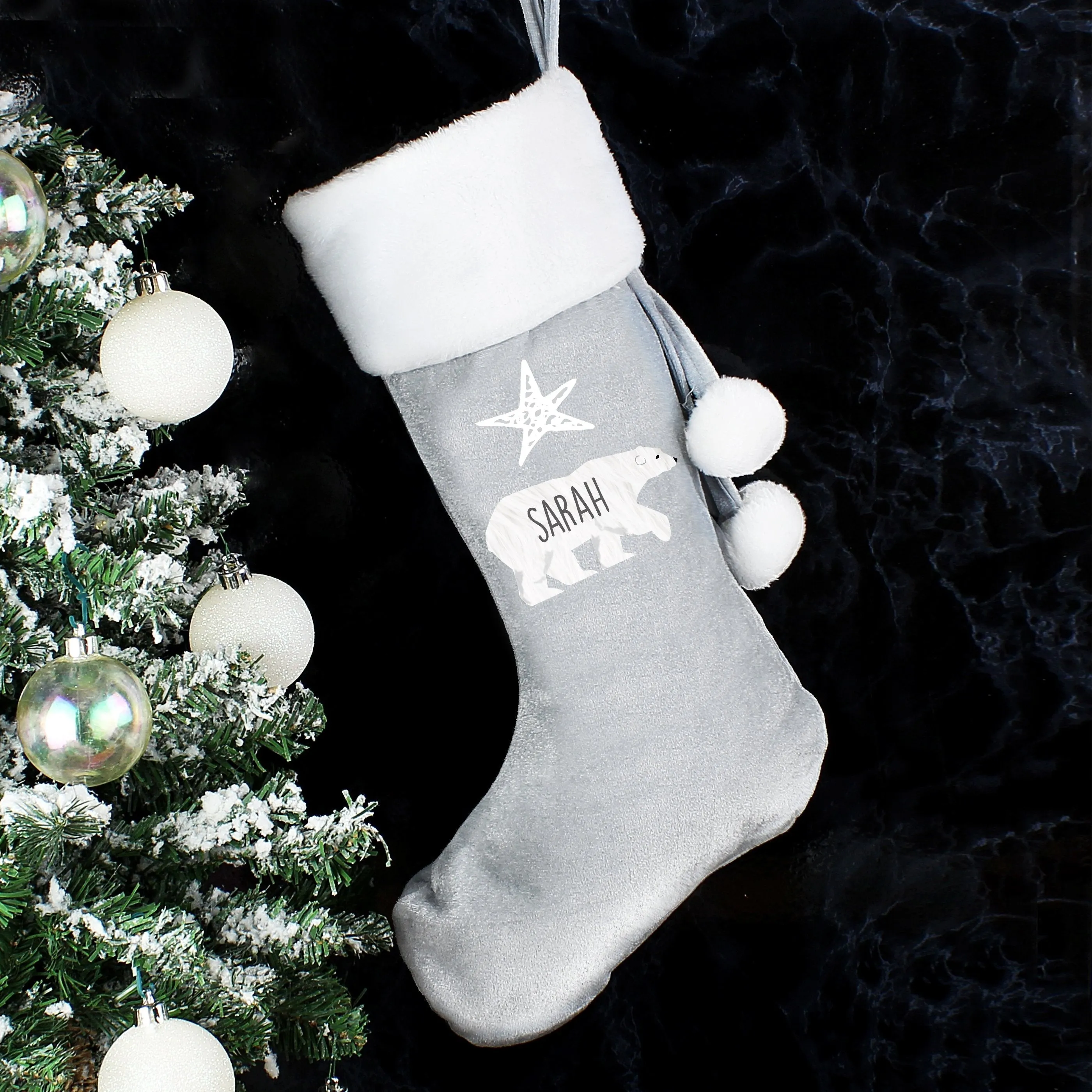 Personalised Polar Bear Luxury Silver Grey Stocking