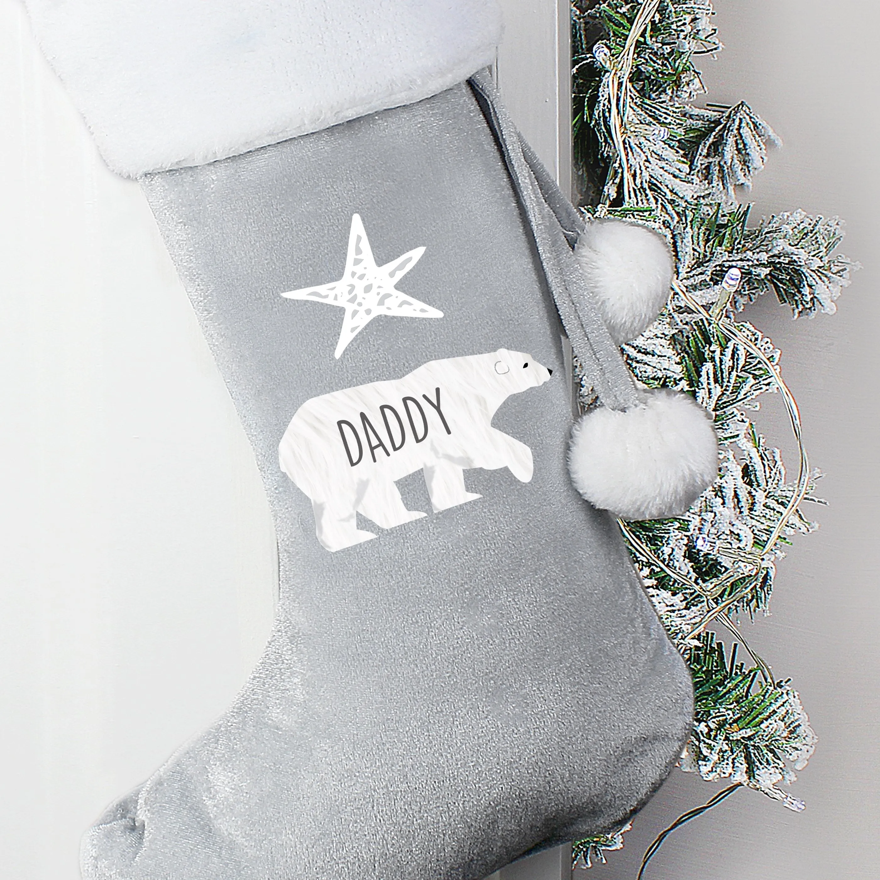 Personalised Polar Bear Luxury Silver Grey Stocking