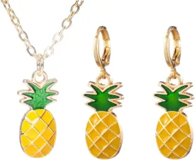 Pineapple Earrings Necklace for Women Yellow Ruit Green Leaf Pineapple Earings Pendant Necklace Cute Fashion Dangle Necklace Jewellery Set