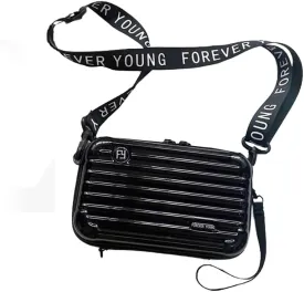 PVC Hard Shell Travel Multi-Function Luggage,Women's Portable Toiletry And Makeup Bag, Alphabet Strap Storage Crossbody Bag (Black)
