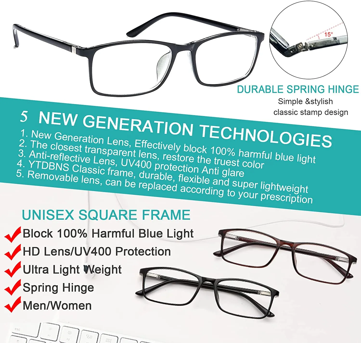 Reading Glasses Blue Light Blocking - 2 Pack Rectangle Computer Readers for Men and Women