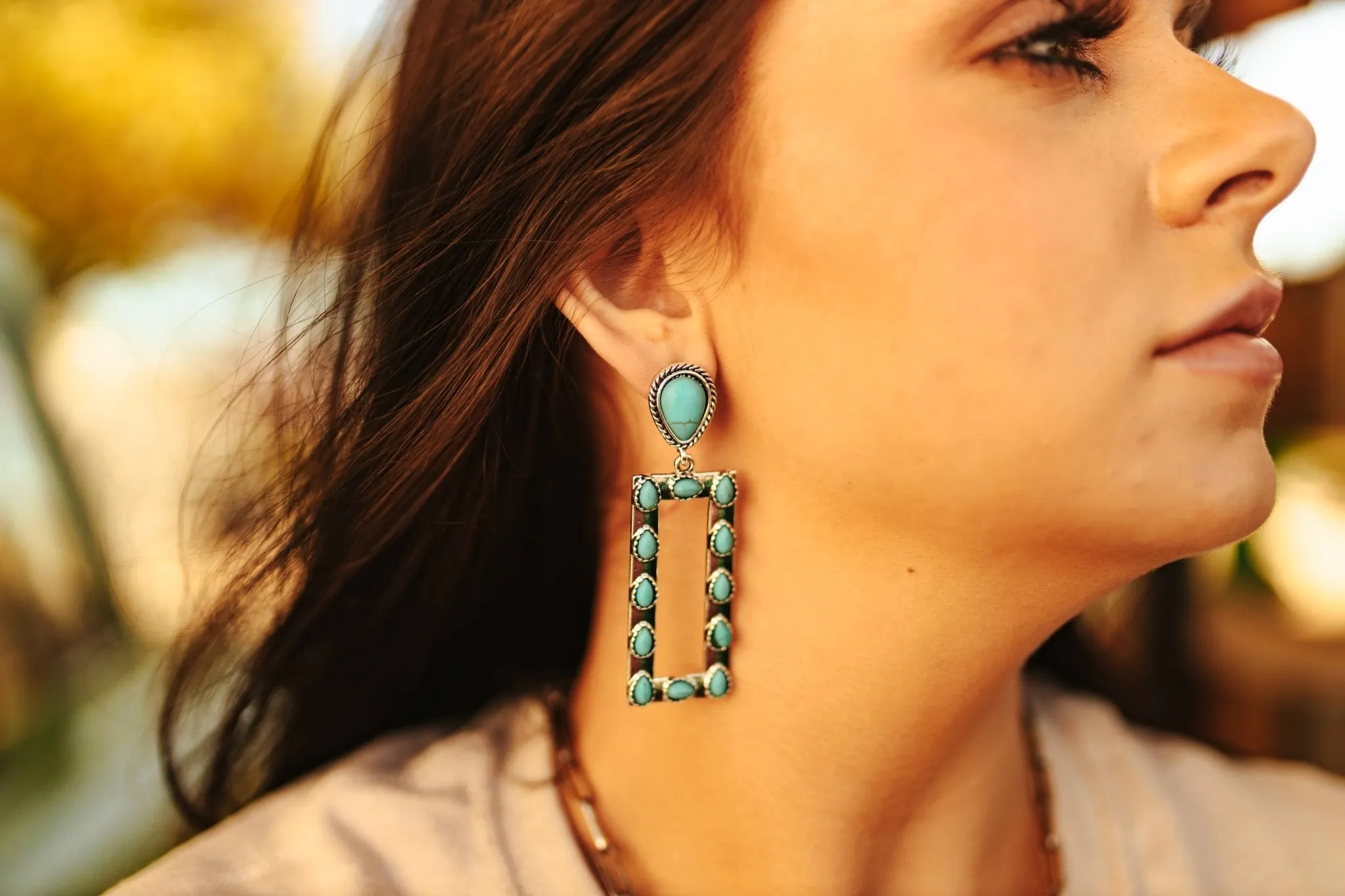 Rectangle Frame Turquoise Dangle Earrings