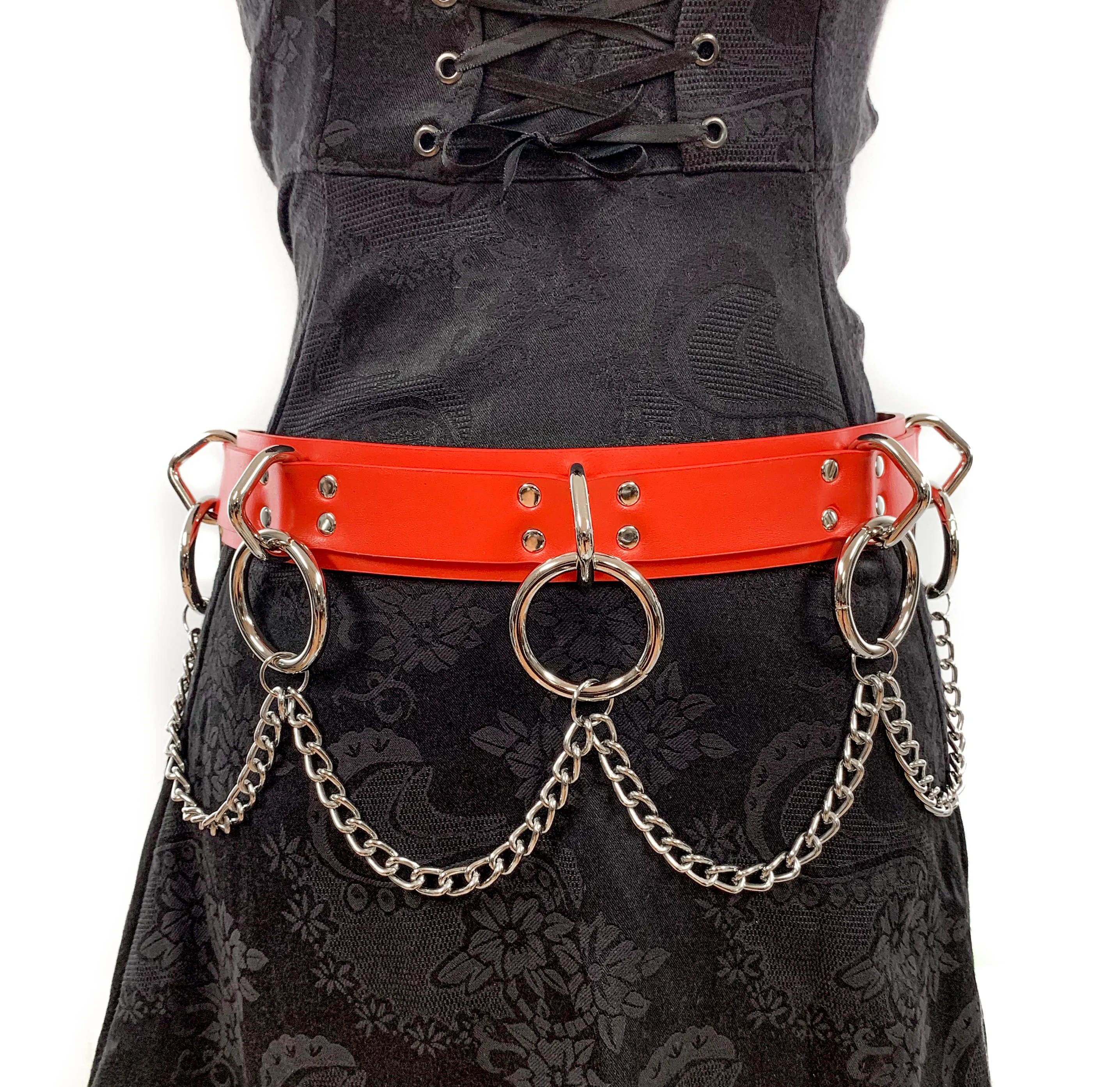 Red Vegan Leather Bondage Belt With Chain
1 3/4" Wide 