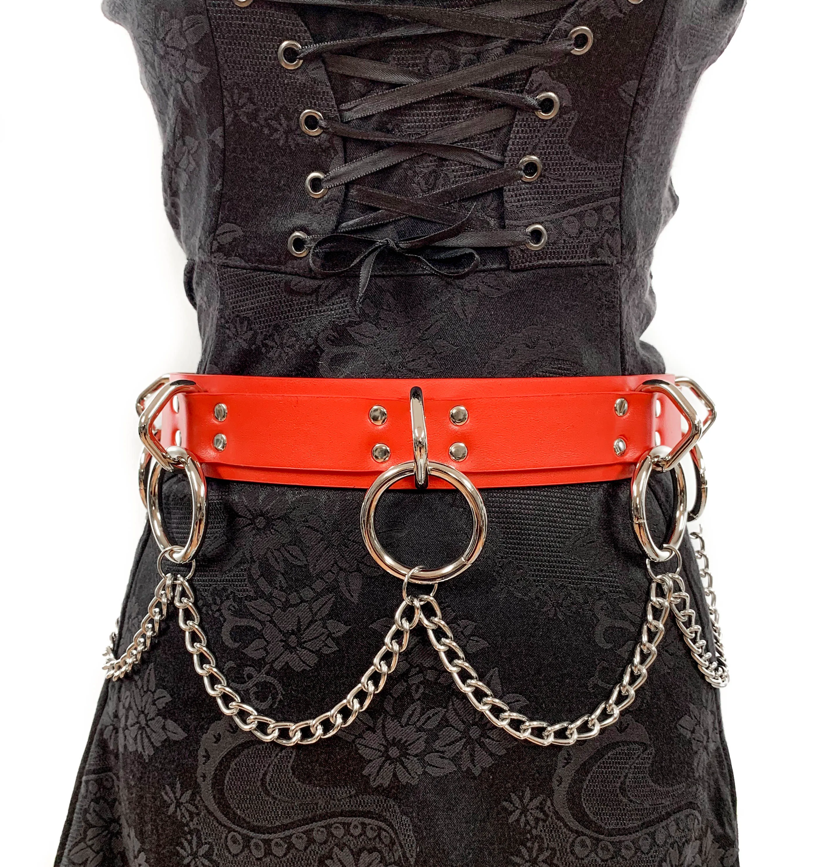 Red Vegan Leather Bondage Belt With Chain
1 3/4" Wide 