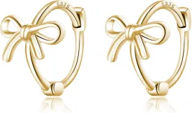 Reffeer Solid 925 Sterling Silver Bow Hoop Earrings Ribbon for Women Teens Bowknot Hoop Earrings Huggie