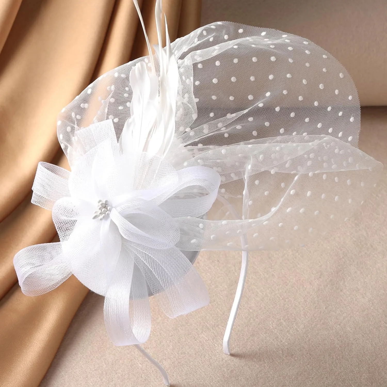 Rose Mesh Feather Fascinator - White Derby 2025 Fascinators with Hair Clip, Kentucky 1920s 50s Victoria Tea Party Hats for Women Lady Girls Cocktail Ball Cosplay Party Costume Headwear