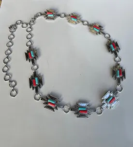 Sedona Silver Chain Belt w/Red & Turquoise Aztec Design