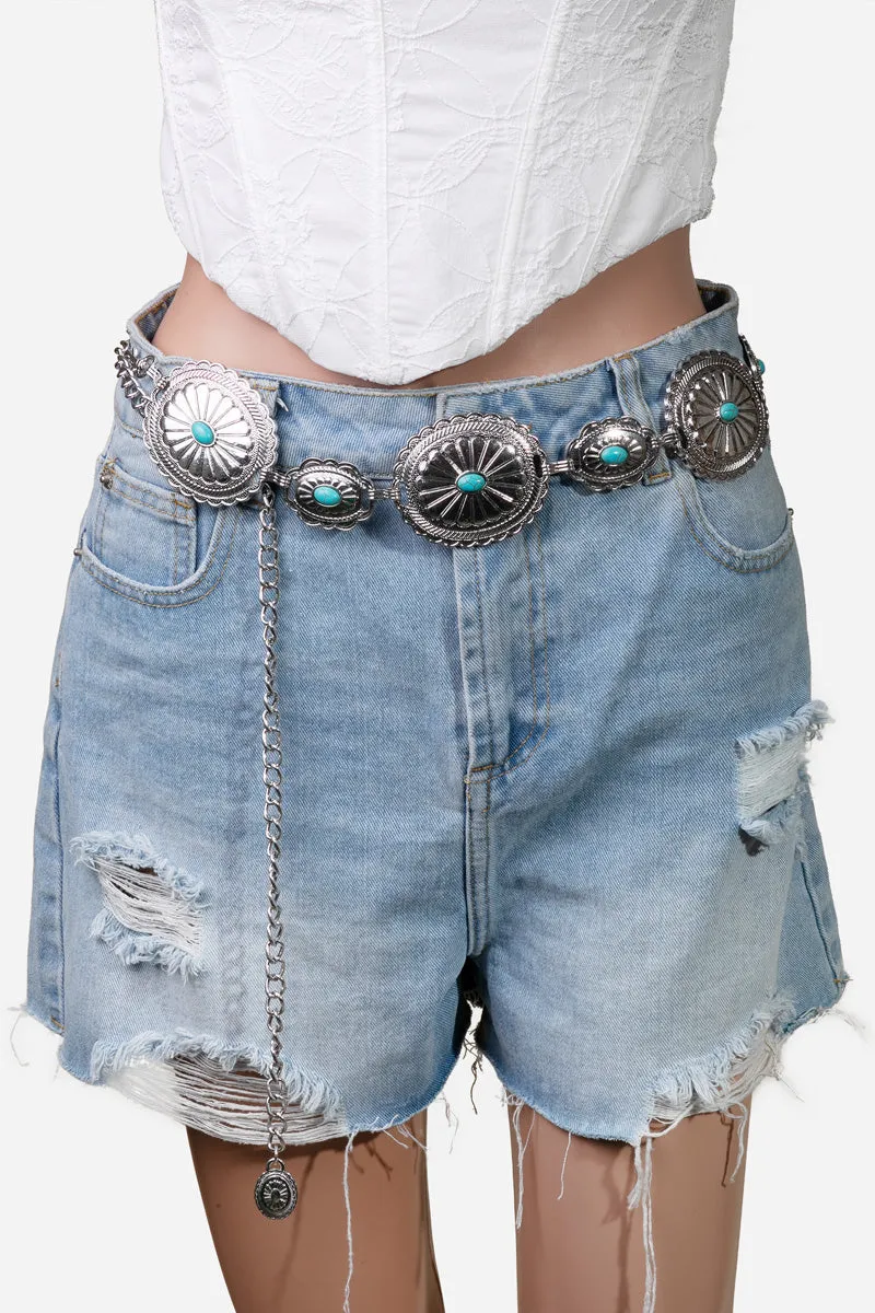 She's Feeling Western Turquoise & Gold Oval Chain Belt