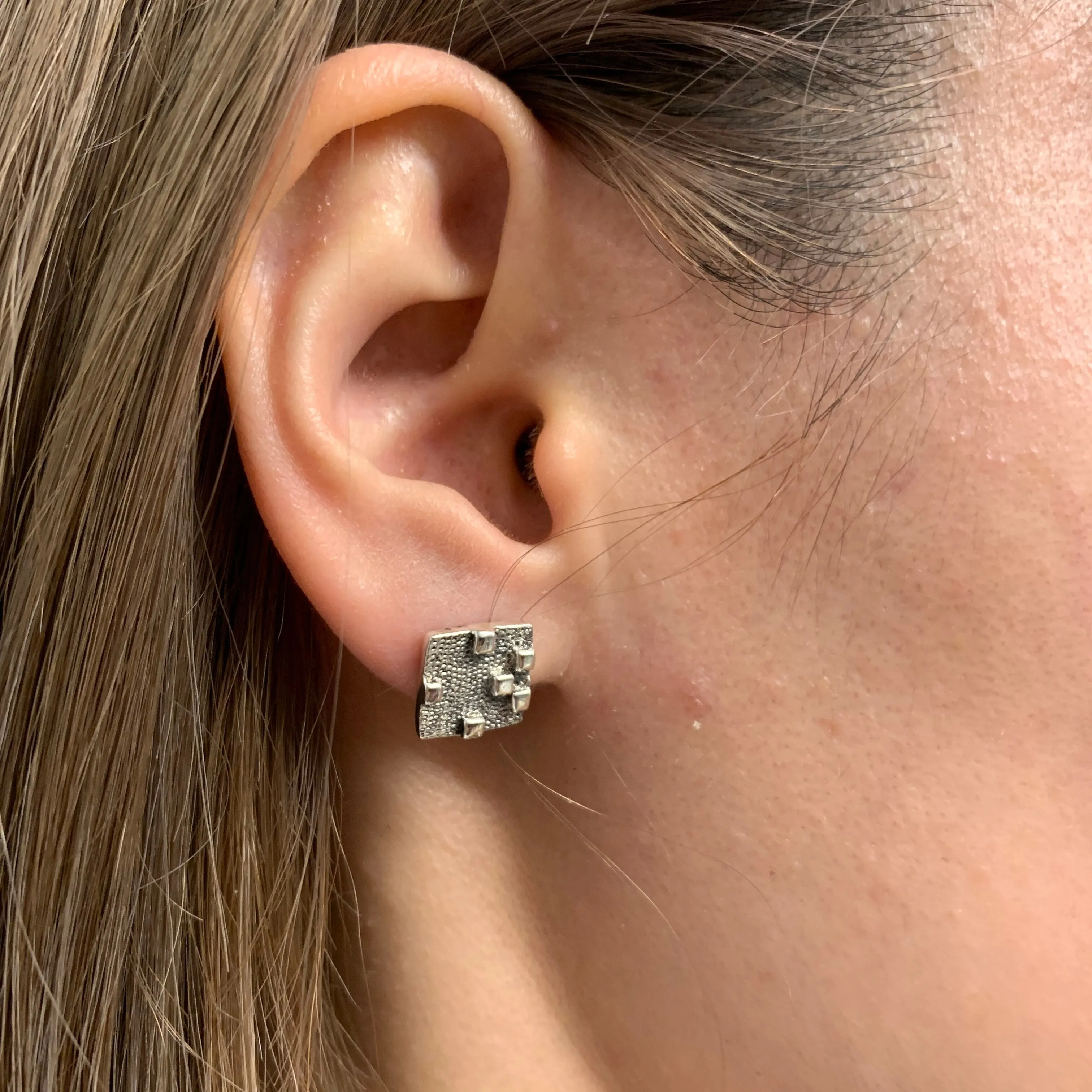 Silver Square Earrings - Bricks Cubes Earrings - Tetris Earrings