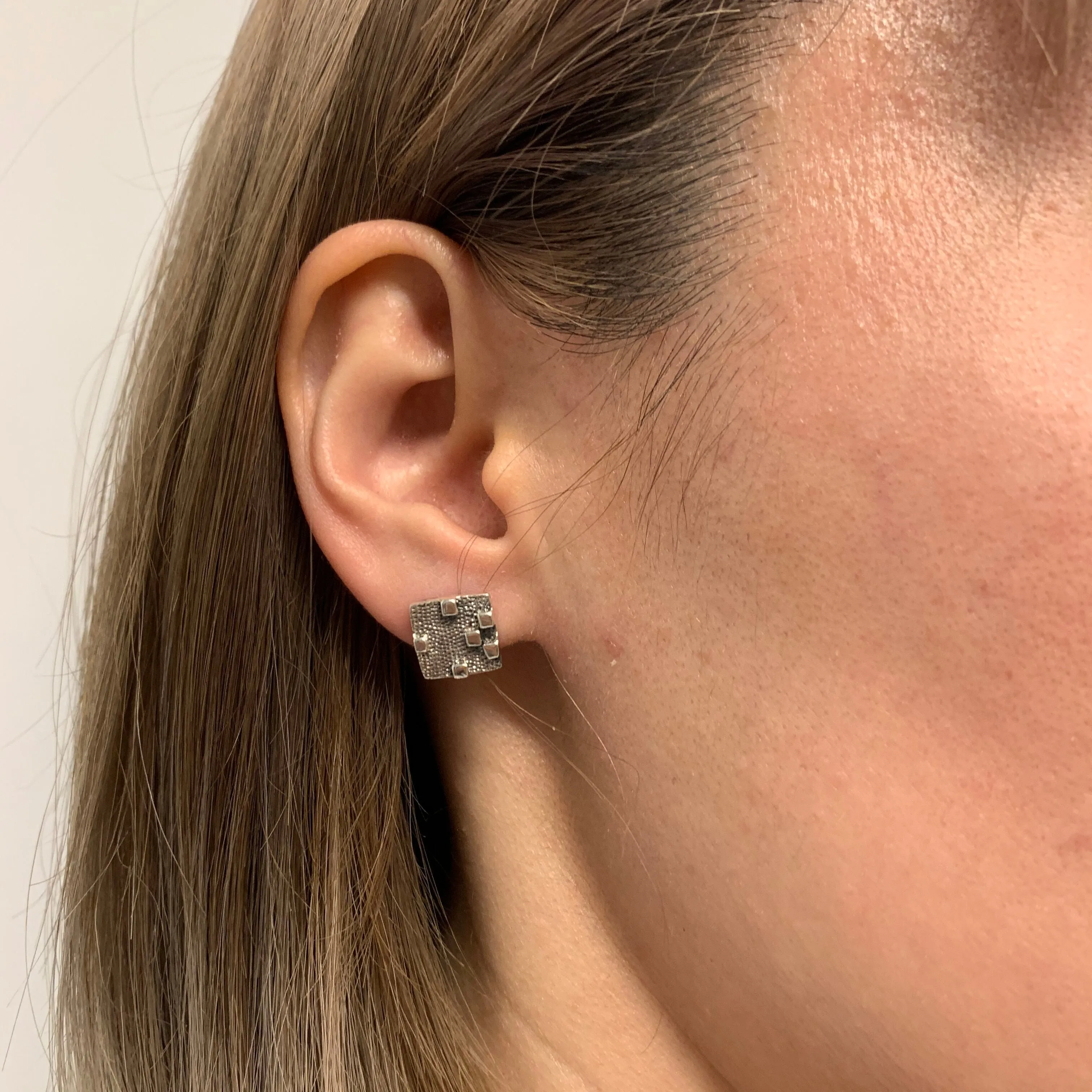 Silver Square Earrings - Bricks Cubes Earrings - Tetris Earrings