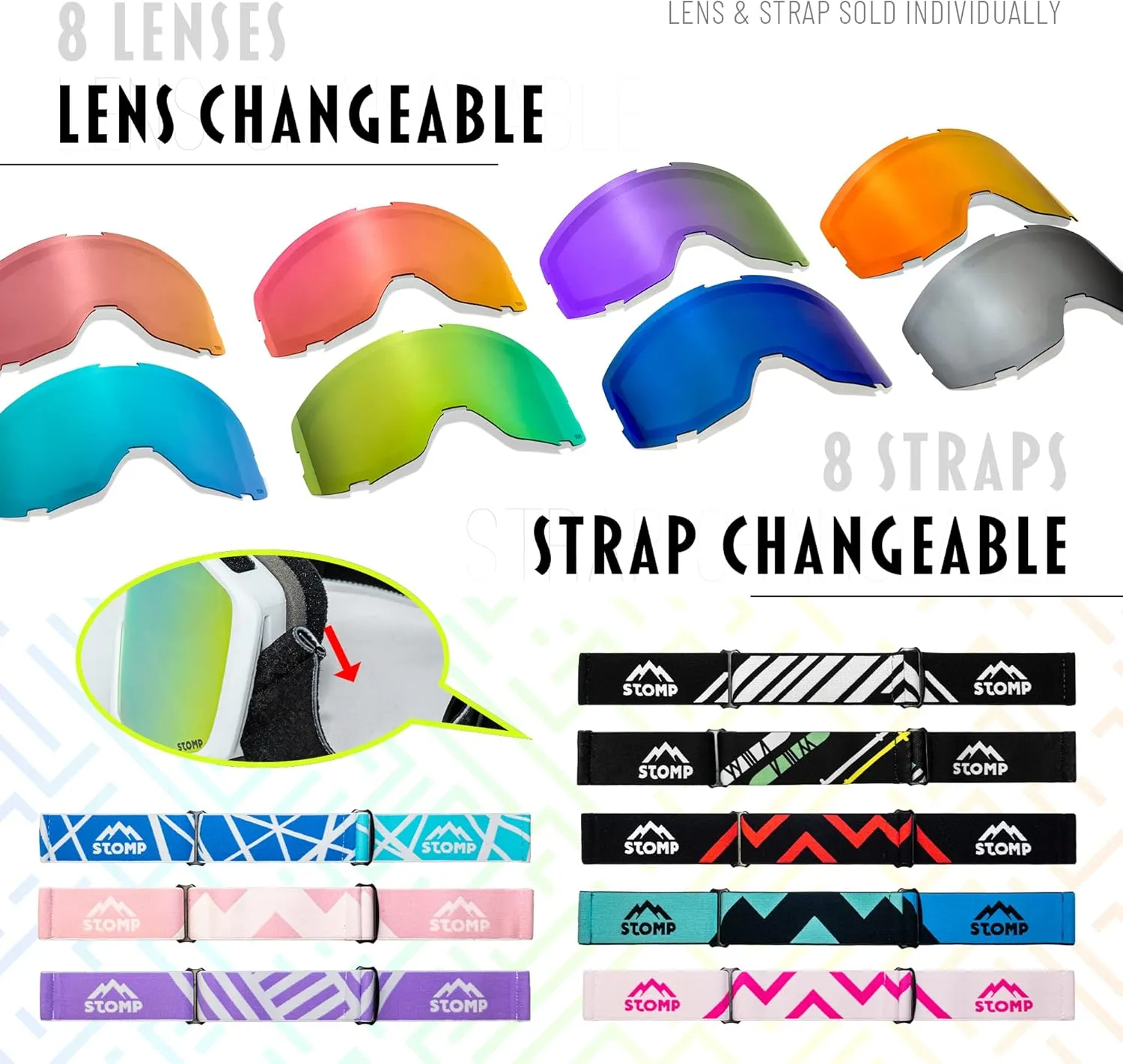 Ski/Snowboarding Goggles 100% UV400 Protection Replaceable Lens/Straps Goggle for Men, Women & Youth
