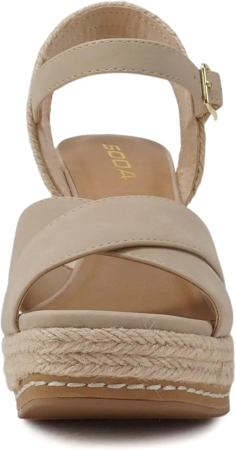 Soda MELANY ~ Women Open Toe Crisscross Two Bands Upper Ankle Strap High Heel Espadrille Wedge Sandal