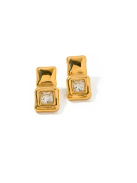 Square Drop Big Gold Earrings Studs 18K Gold Plated Cubic Zirconia Double Square Statement Earrings KESLEY