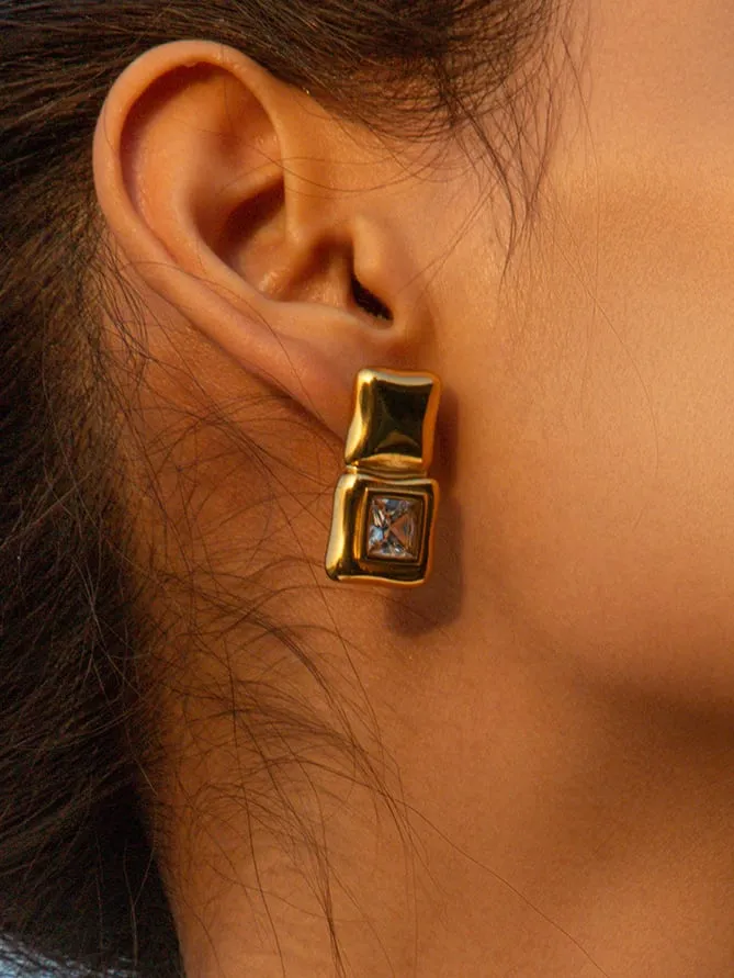 Square Drop Big Gold Earrings Studs 18K Gold Plated Cubic Zirconia Double Square Statement Earrings KESLEY