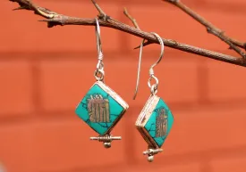 Square Shaped Tibetan Kalachakra Silver Earrings