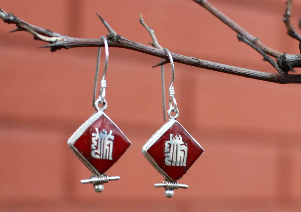 Square Shaped Tibetan Kalachakra Silver Earrings