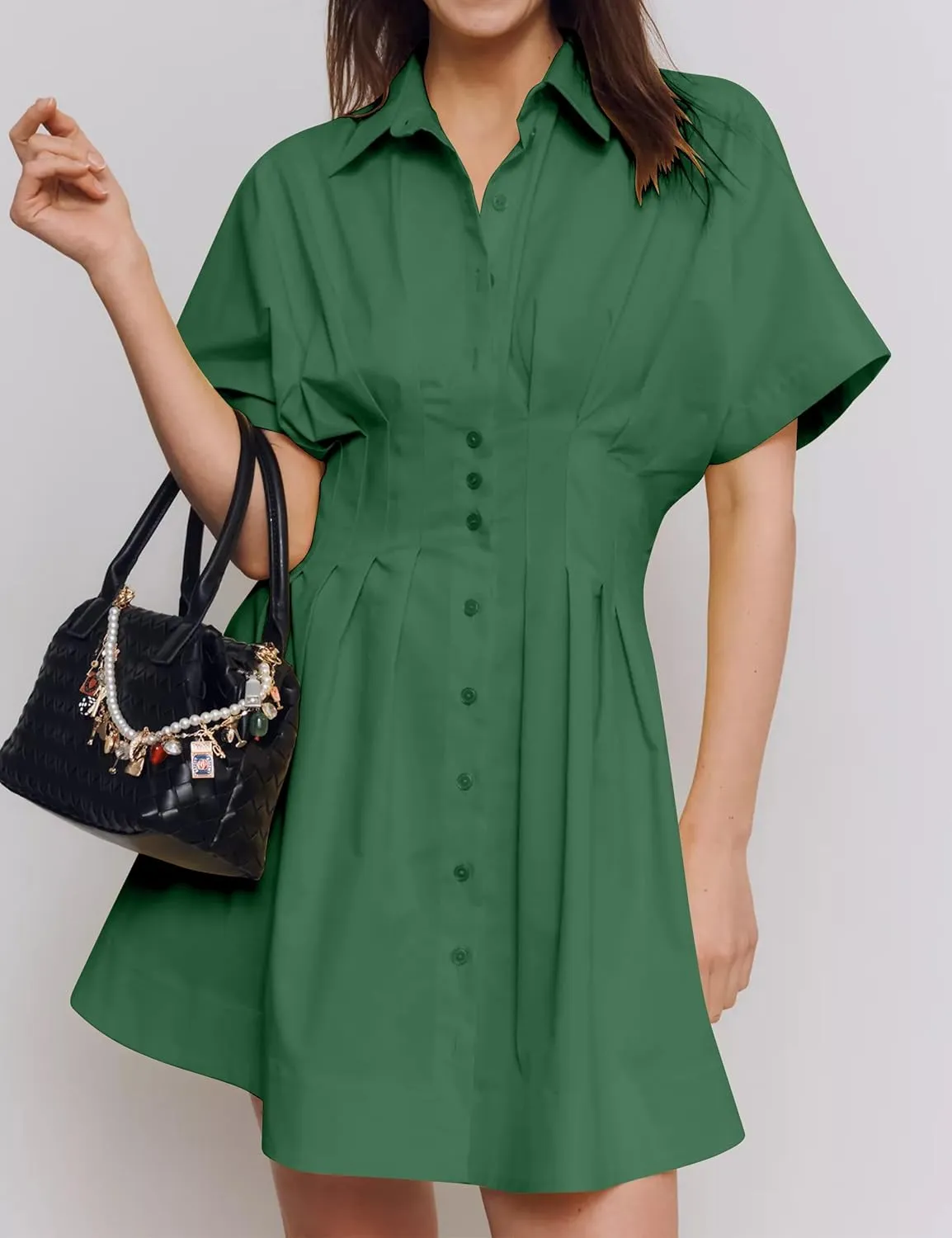 Summer Button Down Pleated Shirt Dress for Women Striped Print V Neck Short Sleeve Mini Dress Casual Corset Dresses