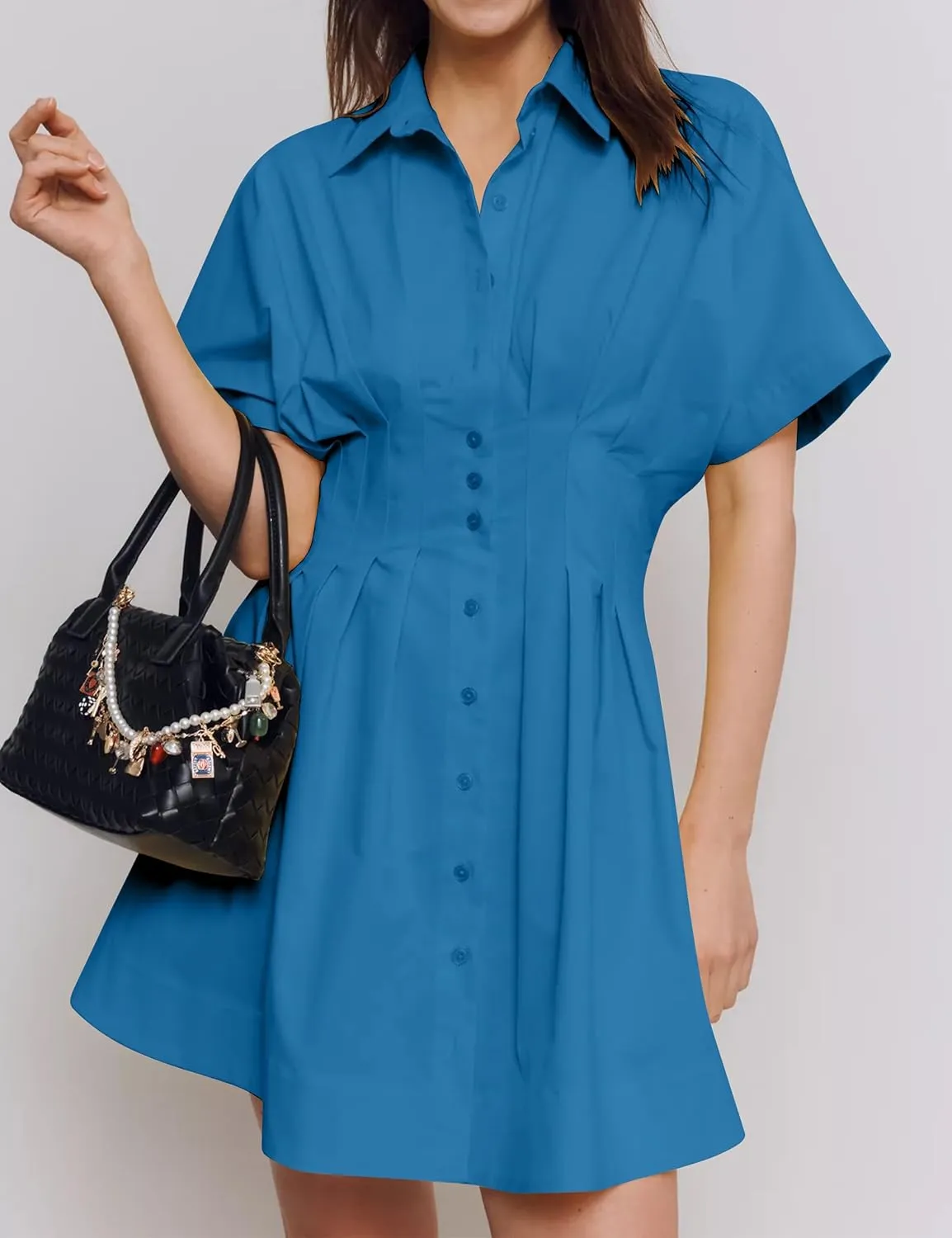 Summer Button Down Pleated Shirt Dress for Women Striped Print V Neck Short Sleeve Mini Dress Casual Corset Dresses