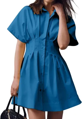 Summer Button Down Pleated Shirt Dress for Women Striped Print V Neck Short Sleeve Mini Dress Casual Corset Dresses