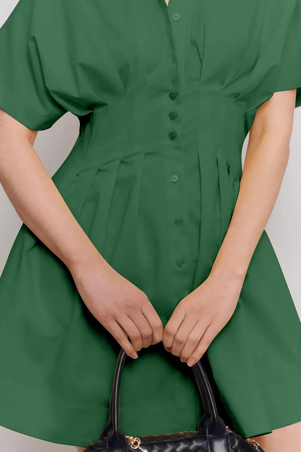 Summer Button Down Pleated Shirt Dress for Women Striped Print V Neck Short Sleeve Mini Dress Casual Corset Dresses