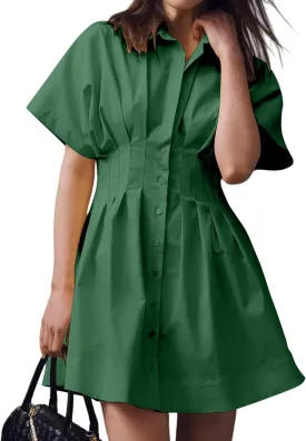 Summer Button Down Pleated Shirt Dress for Women Striped Print V Neck Short Sleeve Mini Dress Casual Corset Dresses