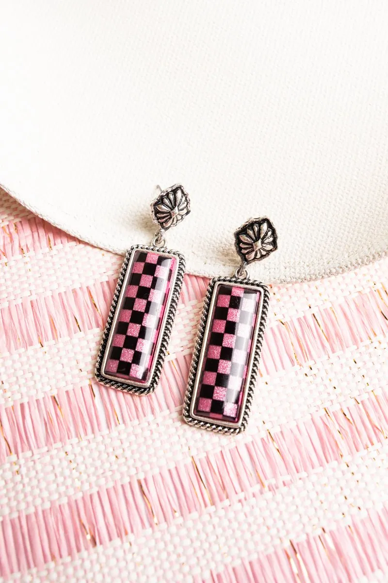 TIPI Fuchsia Cool Valley Check Bar Earrings